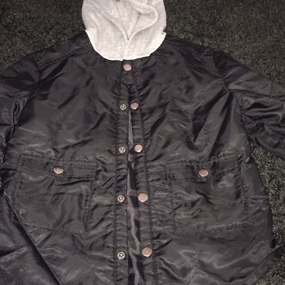 Black jacket grey hood